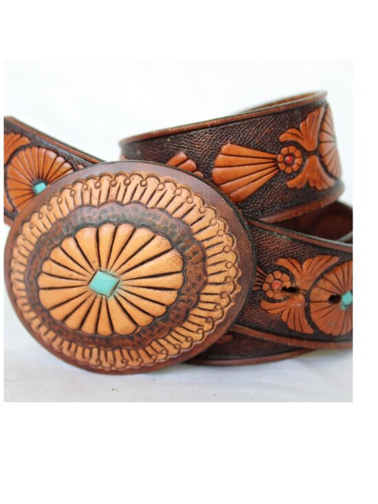 Vintage Hand Made USA tooled lesther western belt & buckle western cowboy 36/ S - Picture 3 of 7